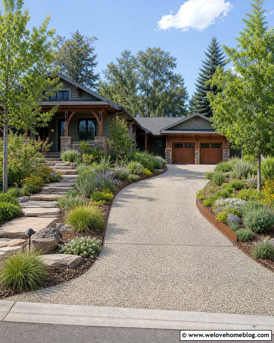 Curved Driveway With Native Planting Beds - 40 landscaping along driveway ideas