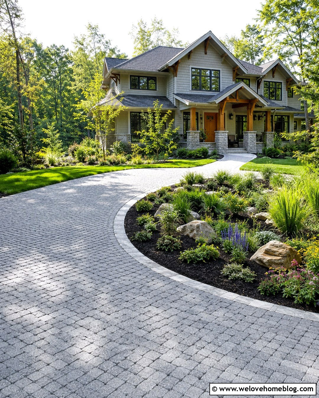 Curved Driveway With Rain Garden Planting - 20 Curved Driveway In Lush Garden Ideas
