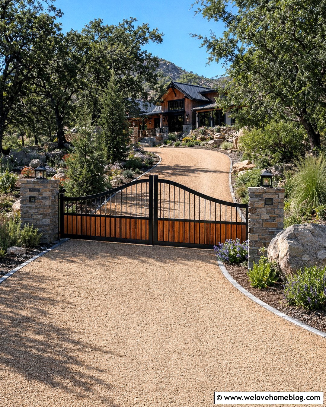 Curved Driveway With Stone Gate Pillars - 20 front entrance gates driveways ideas