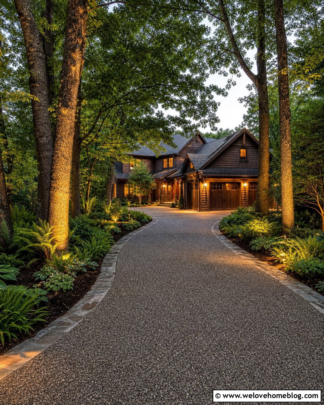 Curved Driveway With Tree Downlighting - 20 Lighted Driveway Ideas