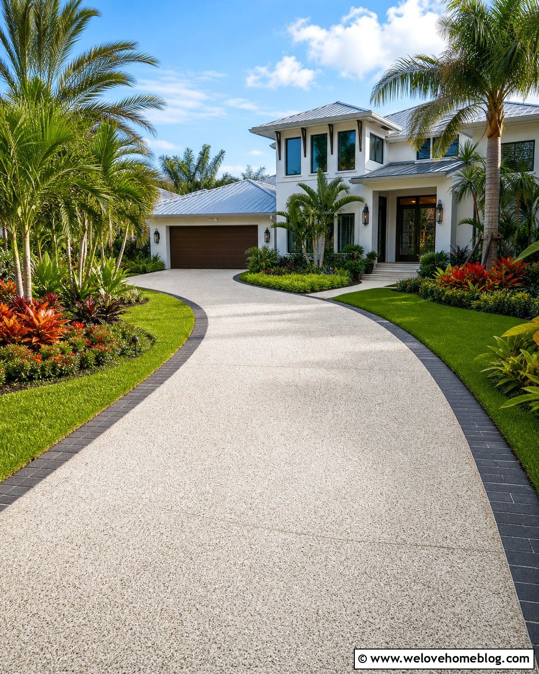 Curved Driveway With Tropical Landscaping - 35 Curved Driveway Ideas