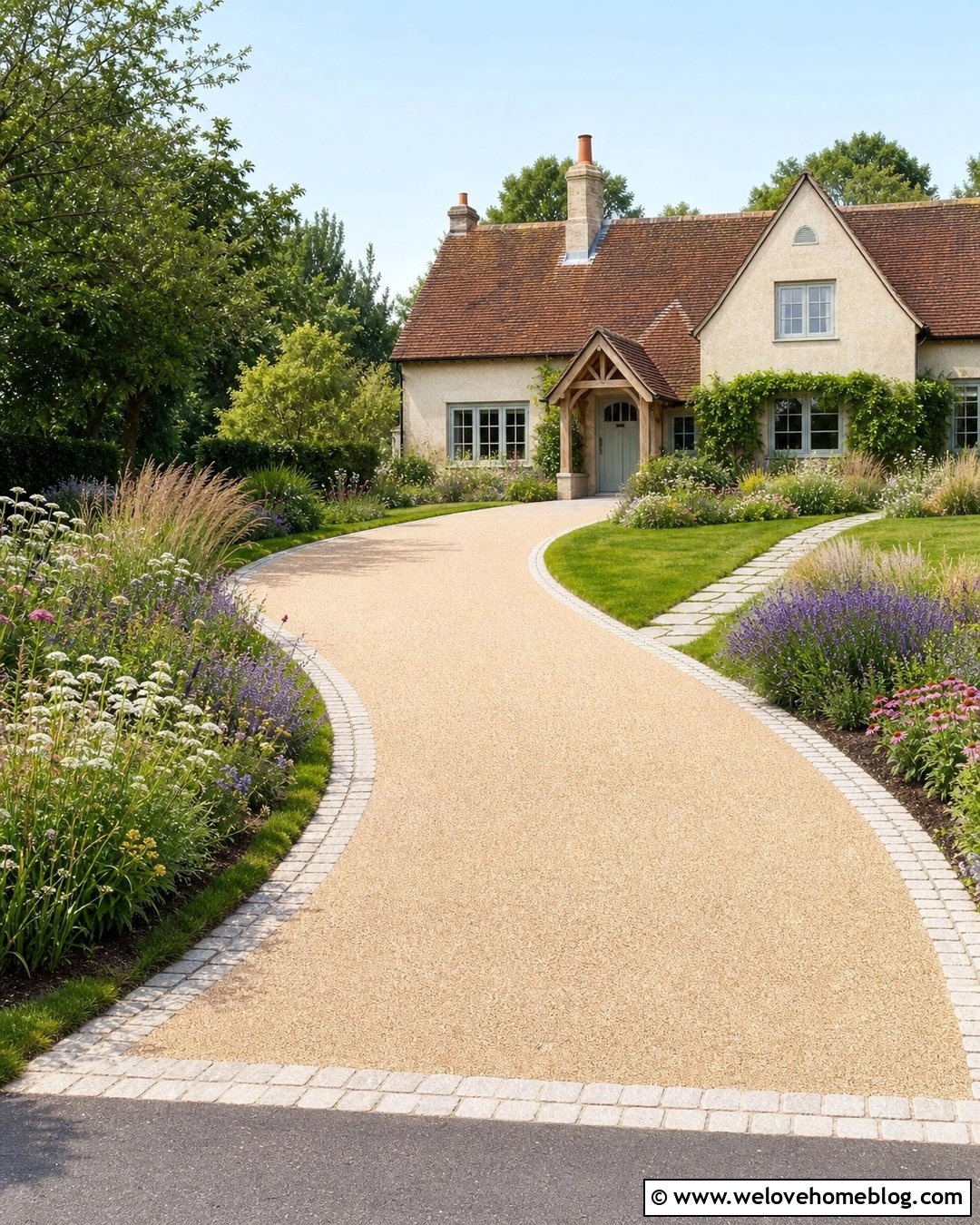 Curved Driveway With Wildflower Beds - 20 natural driveway landscaping ideas