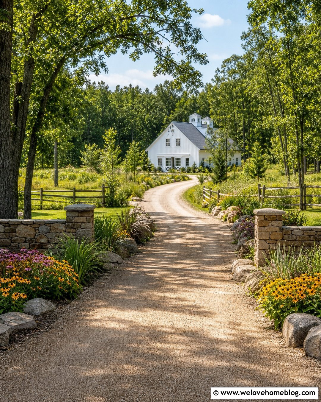 Curved Dry Stack Wall With Country Driveway - 20 Curved Stone Wall Driveway Entrance Ideas
