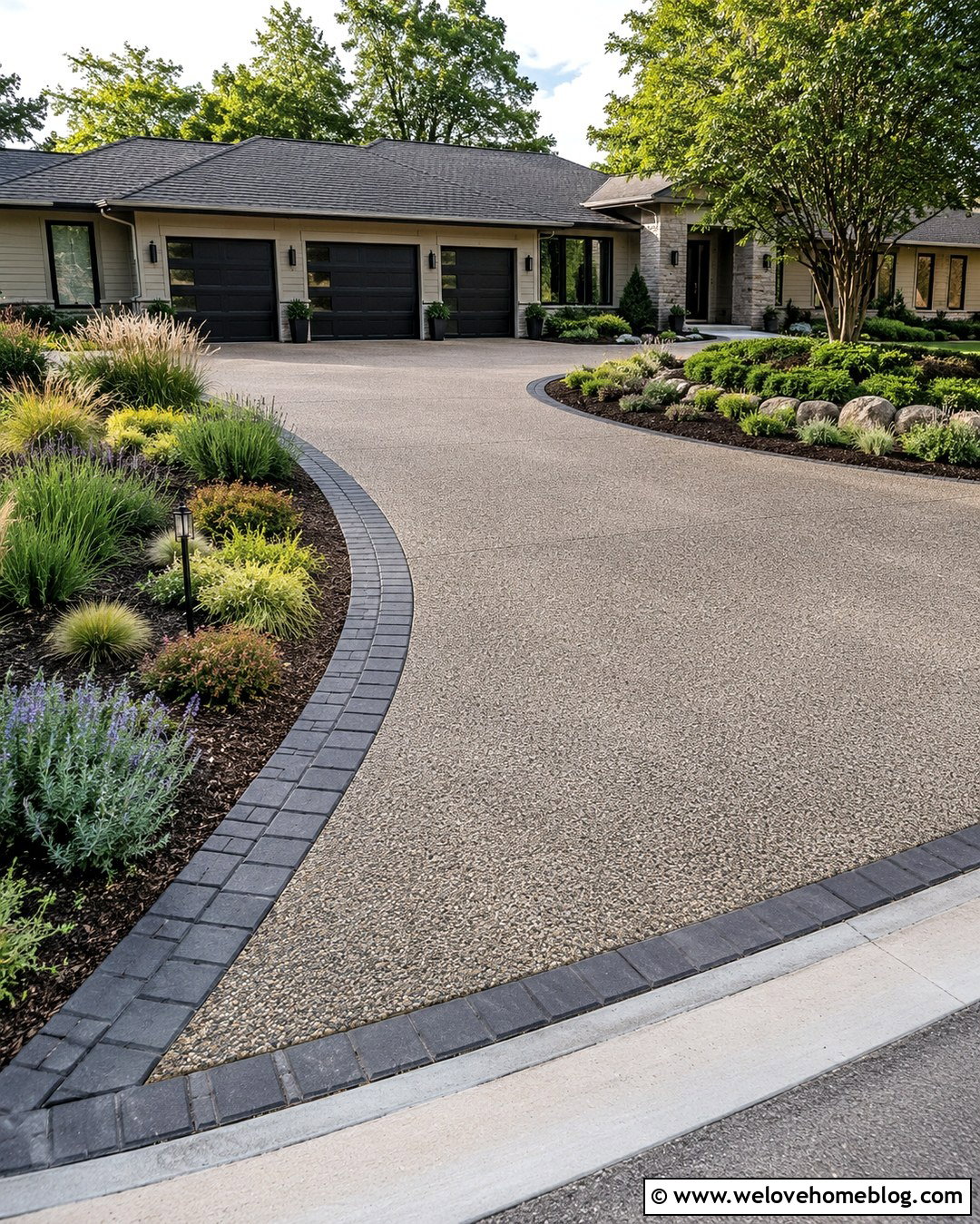 Curved Exposed Aggregate Car Driveway - 20 3 Car Driveway Ideas