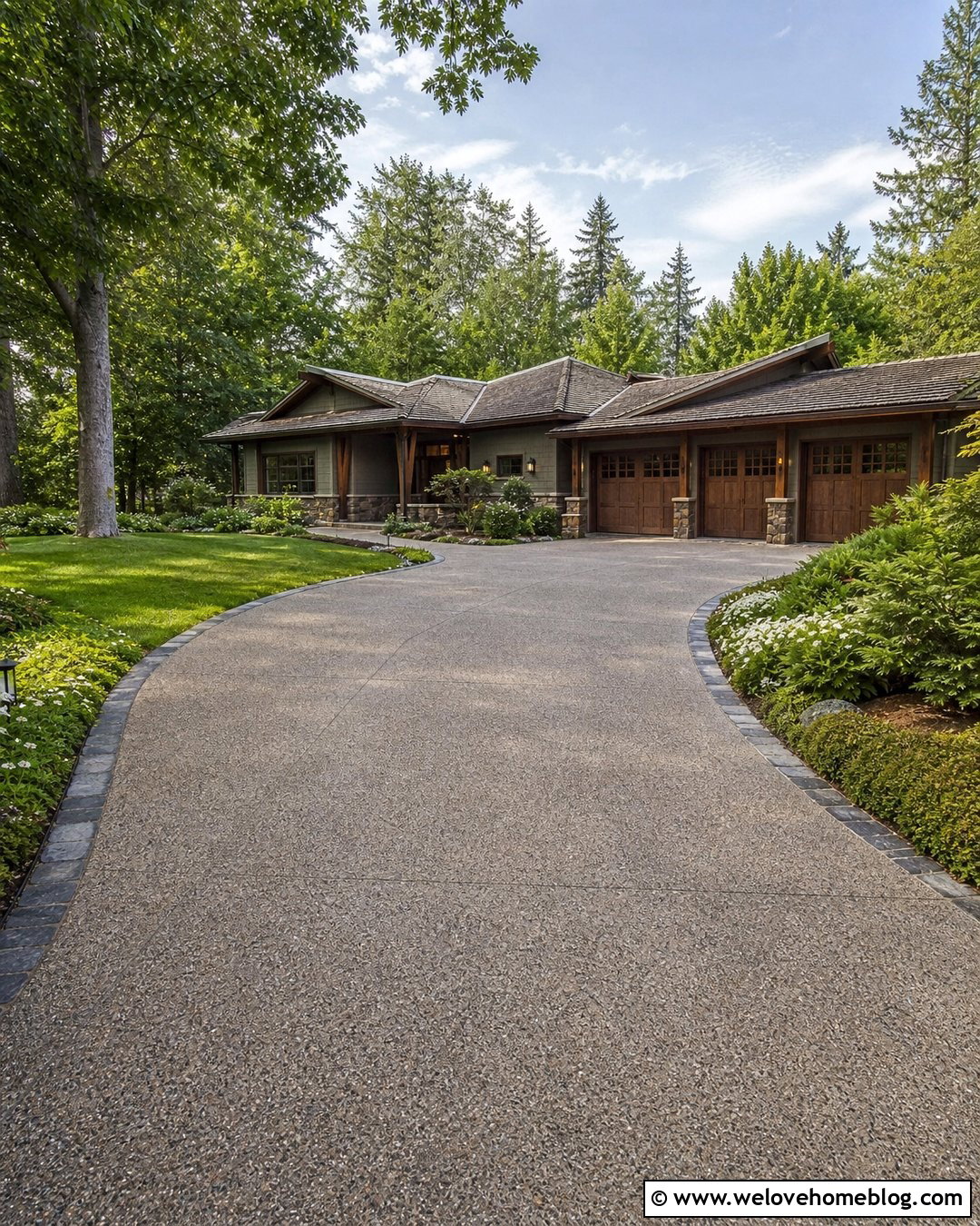 Curved Exposed Aggregate Concrete Driveway - 20 Large Concrete Driveway Ideas