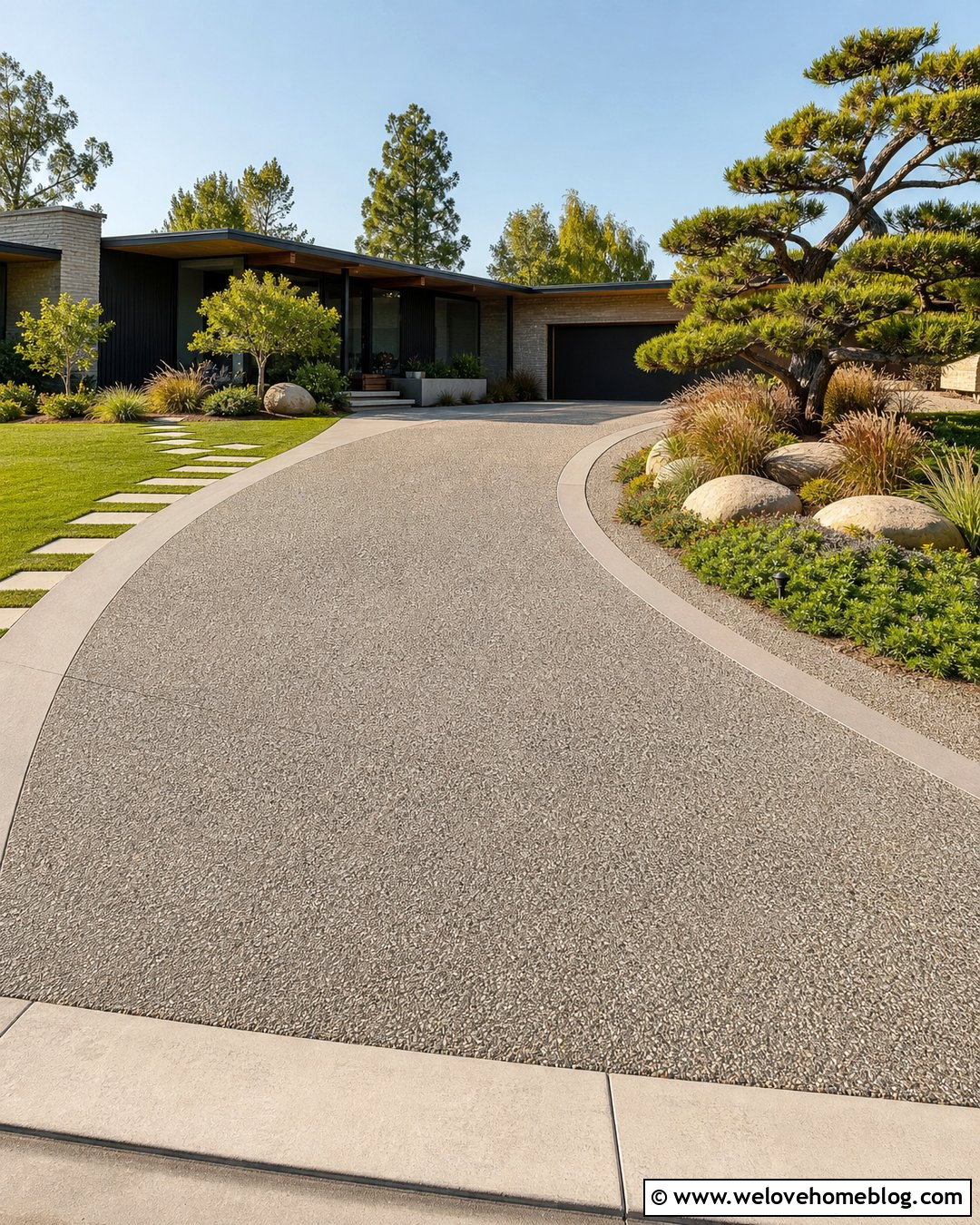 Curved Exposed Aggregate Driveway - 35 Curved Driveway Ideas