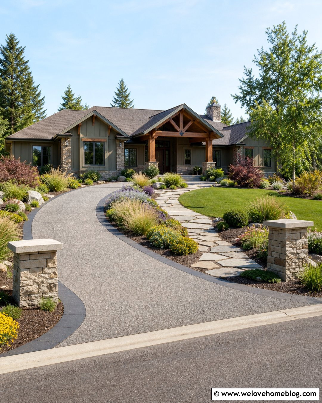 Curved Exposed Aggregate Driveway With Native Plants - 20 large driveway design ideas