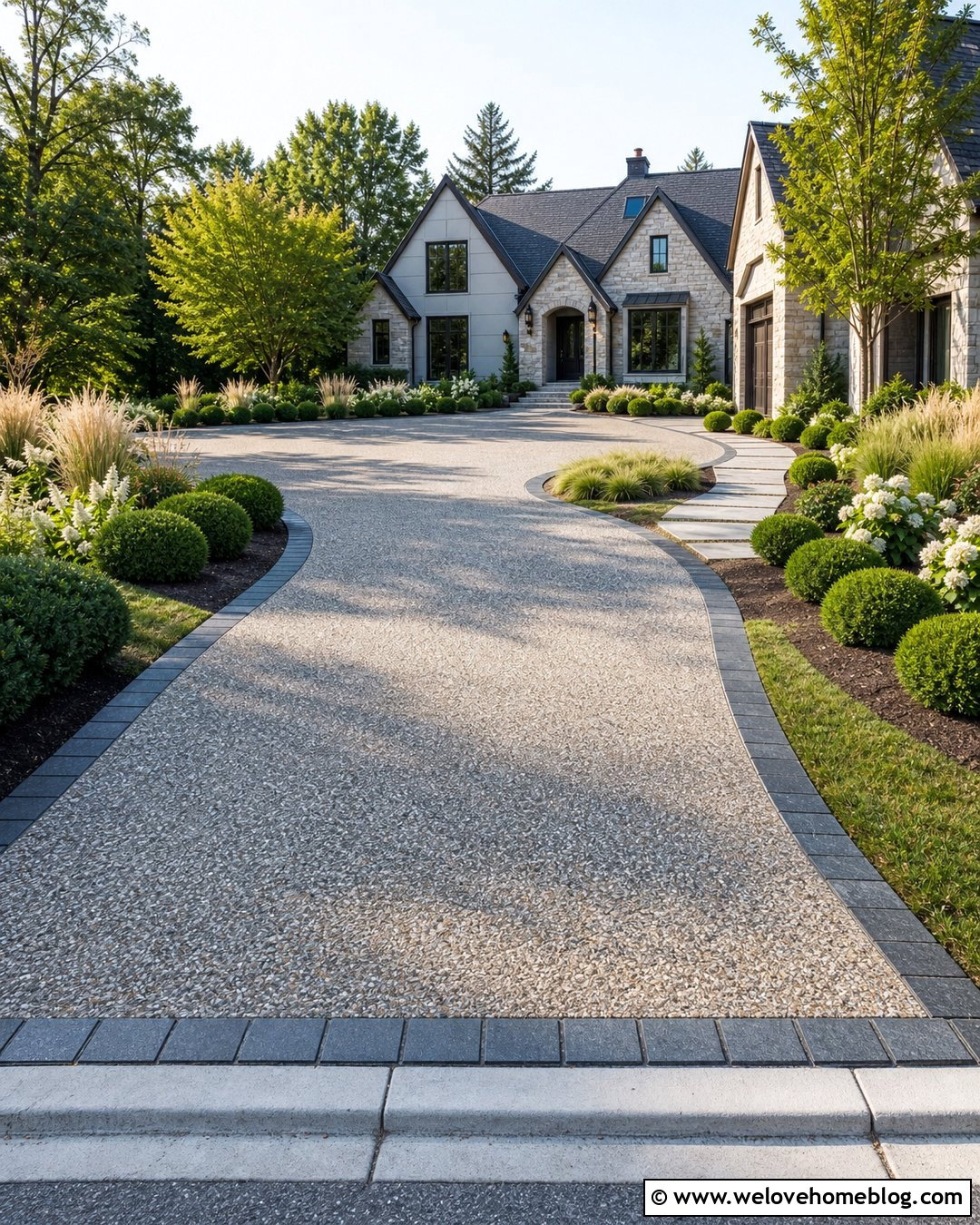 Curved Exposed Aggregate Driveway With Stone Borders - 20 Modern Curved Driveway Ideas