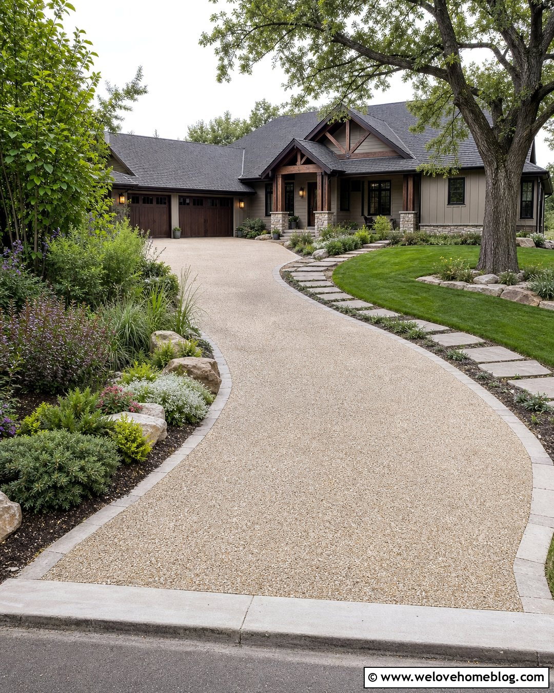 Curved Exposed Aggregate Driveway With Stone Edging - 20 Residential Driveway Ideas