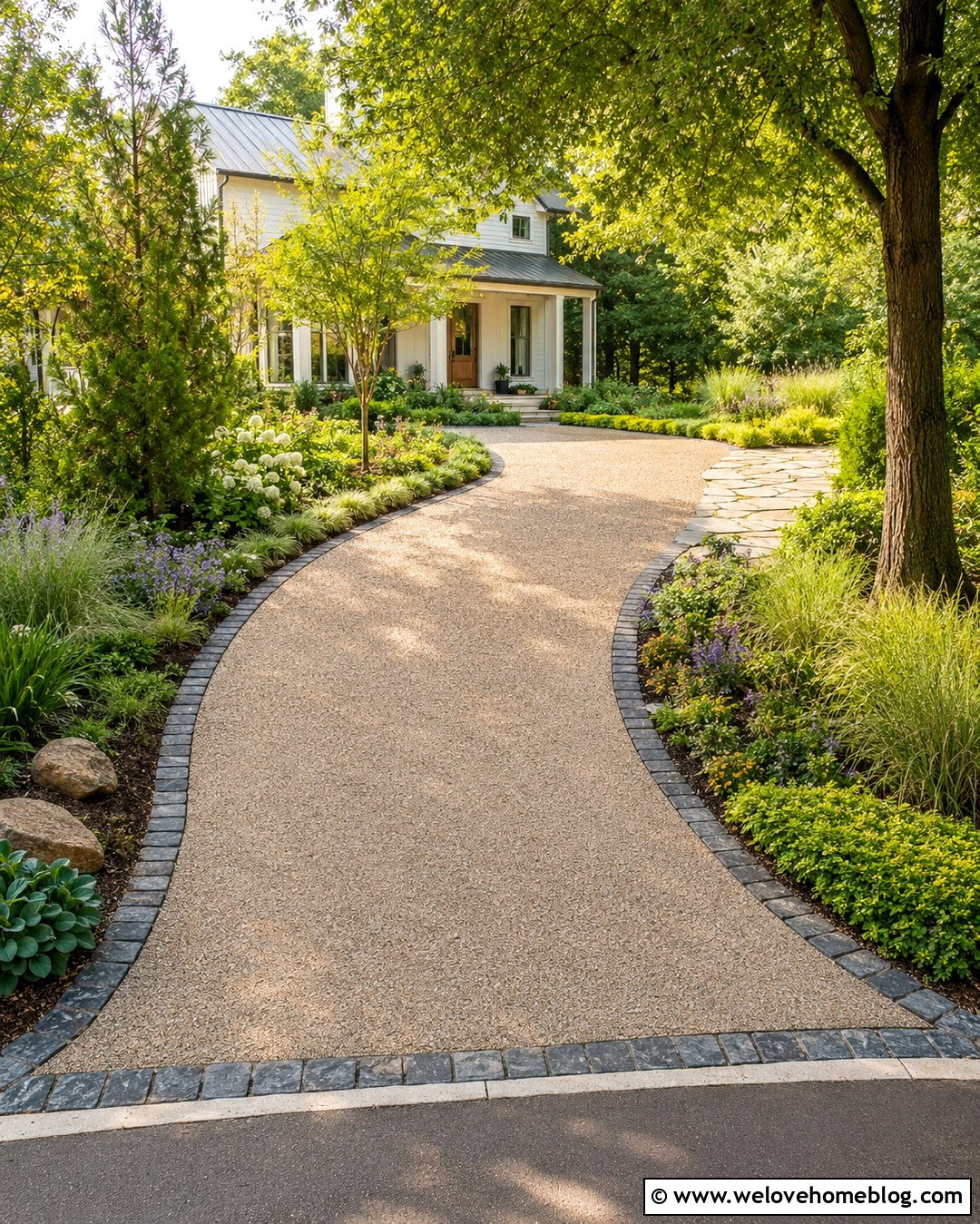 Curved Farmhouse Driveway With Native Landscaping - 20 Driveway Farmhouse Ideas