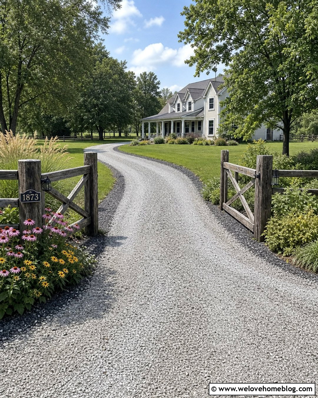 Curved Farmhouse Driveway With Split Rail Fence - 40 Farmhouse Driveway Entrance Ideas