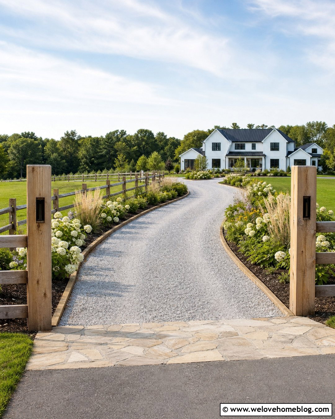 Curved Farmhouse Gravel Driveway With Timber Edging - 35 Curved Driveway Ideas