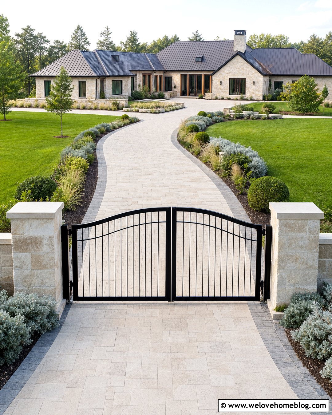 Curved Gate With Limestone Pillars - 30 Modern Gated Driveway Entrance Ideas