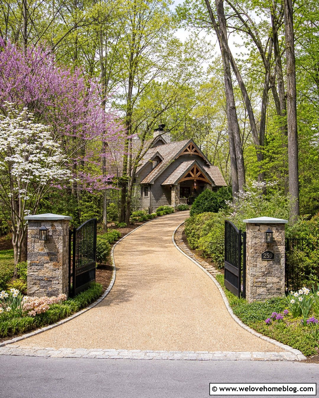 Curved Gated Driveway Entrance With Flowering Trees - 25 gated driveway entrance landscaping ideas