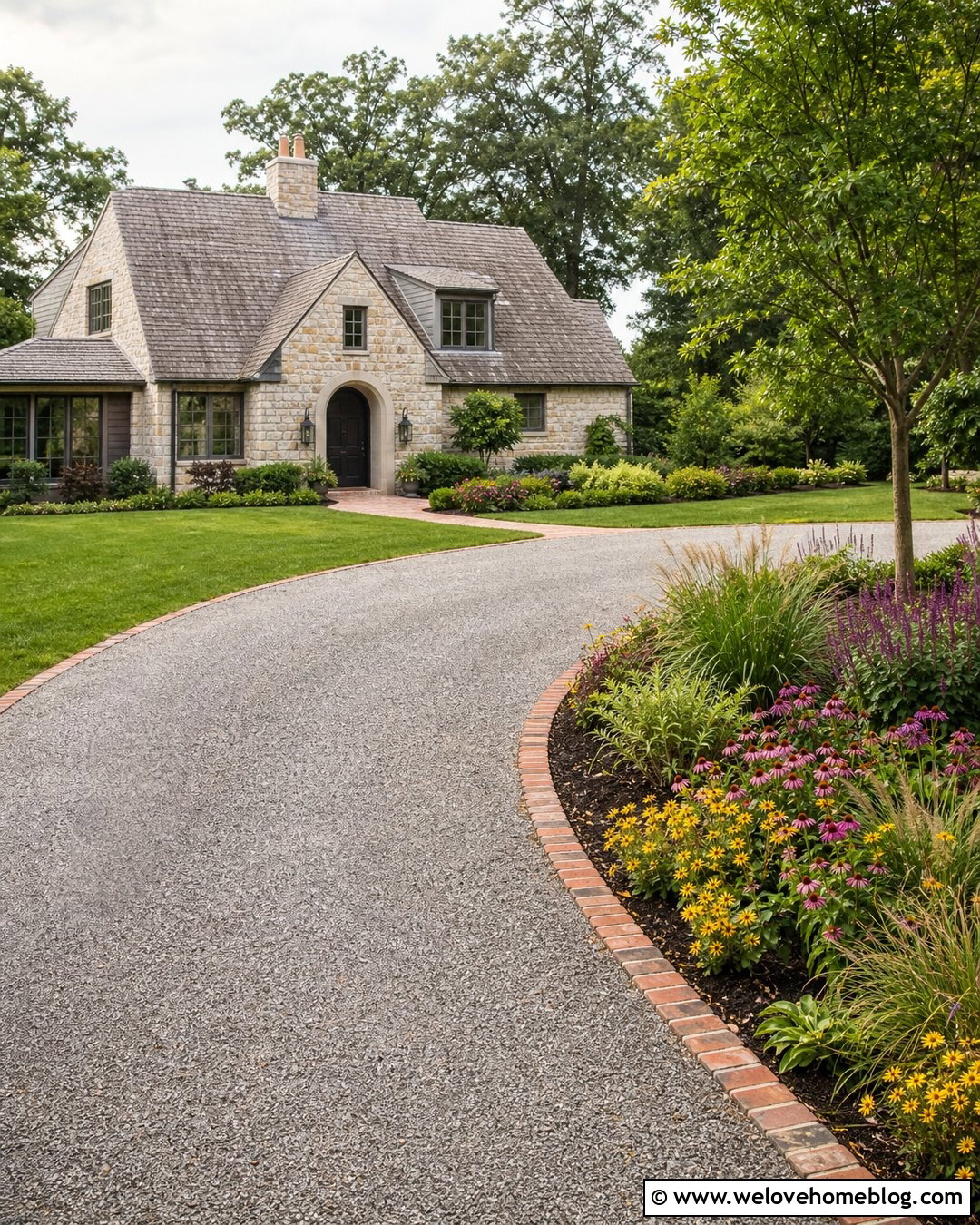 Curved Gravel Cottage Driveway With Mixed Flowers - 35 Cottage Driveway Ideas