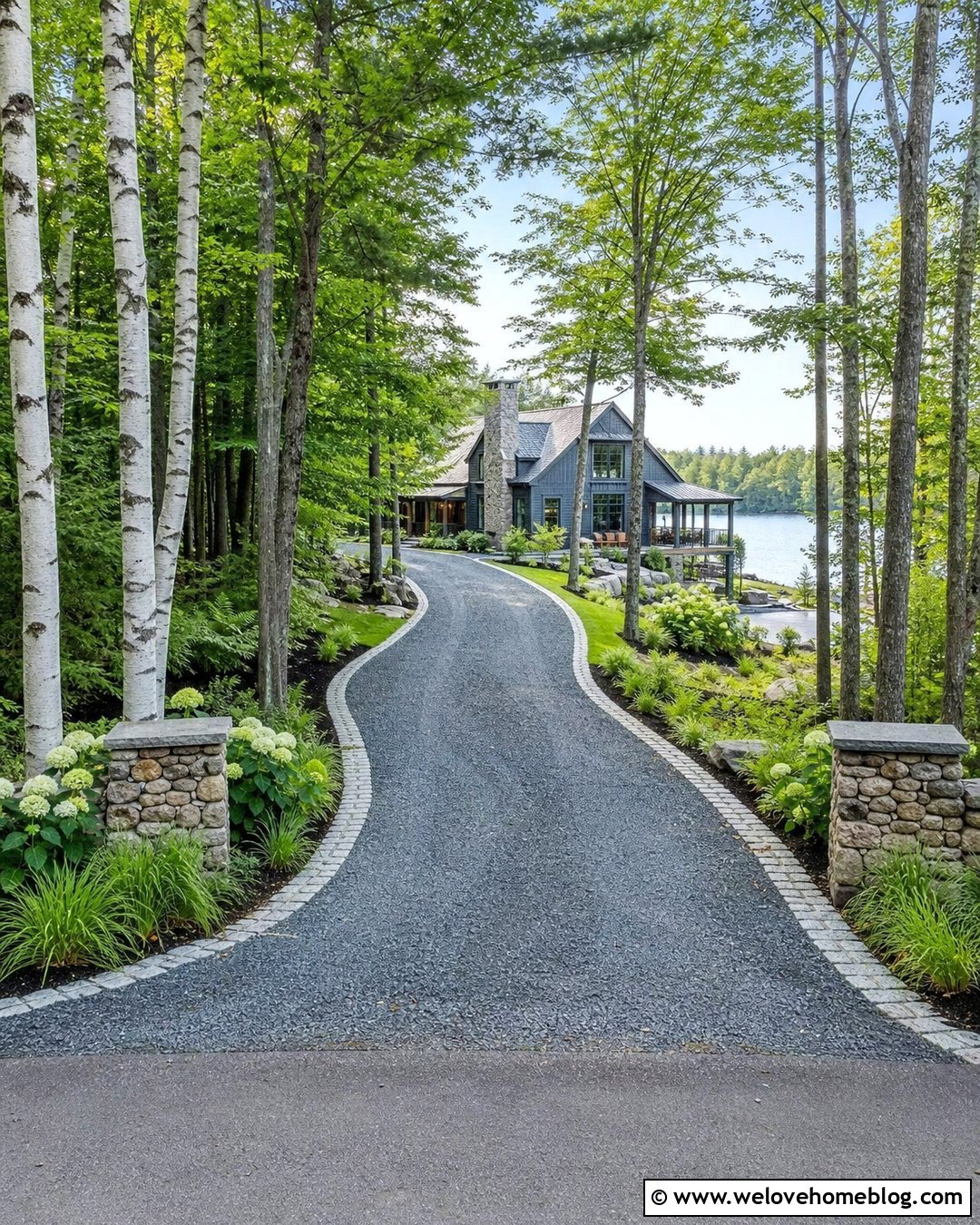 Curved Gravel Driveway Entrance With Birch Trees - 25 Rural Driveway Entrance Ideas