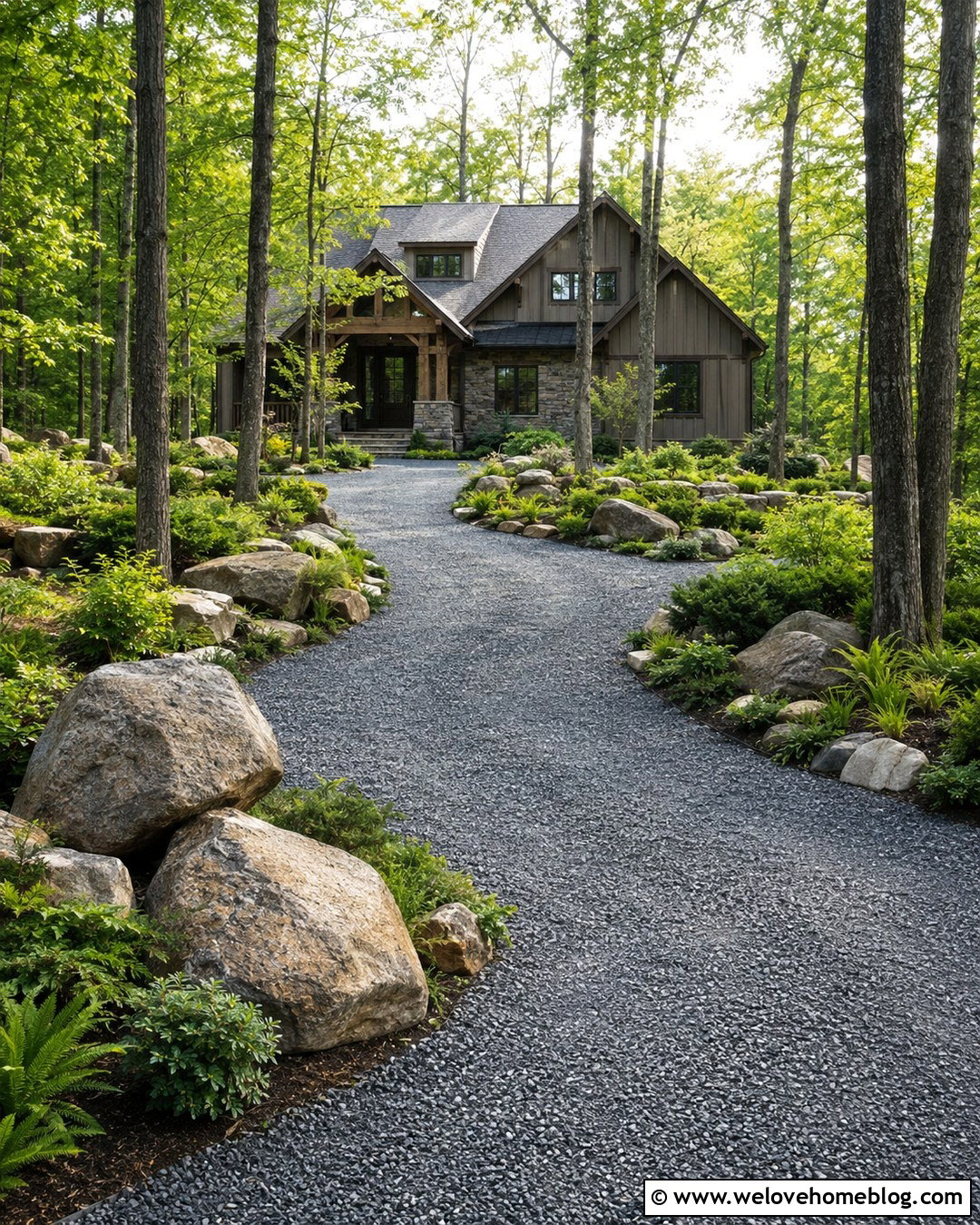 Curved Gravel Driveway Entrance With Boulder Beds - 20 Driveway Landscape For Entrance Ideas