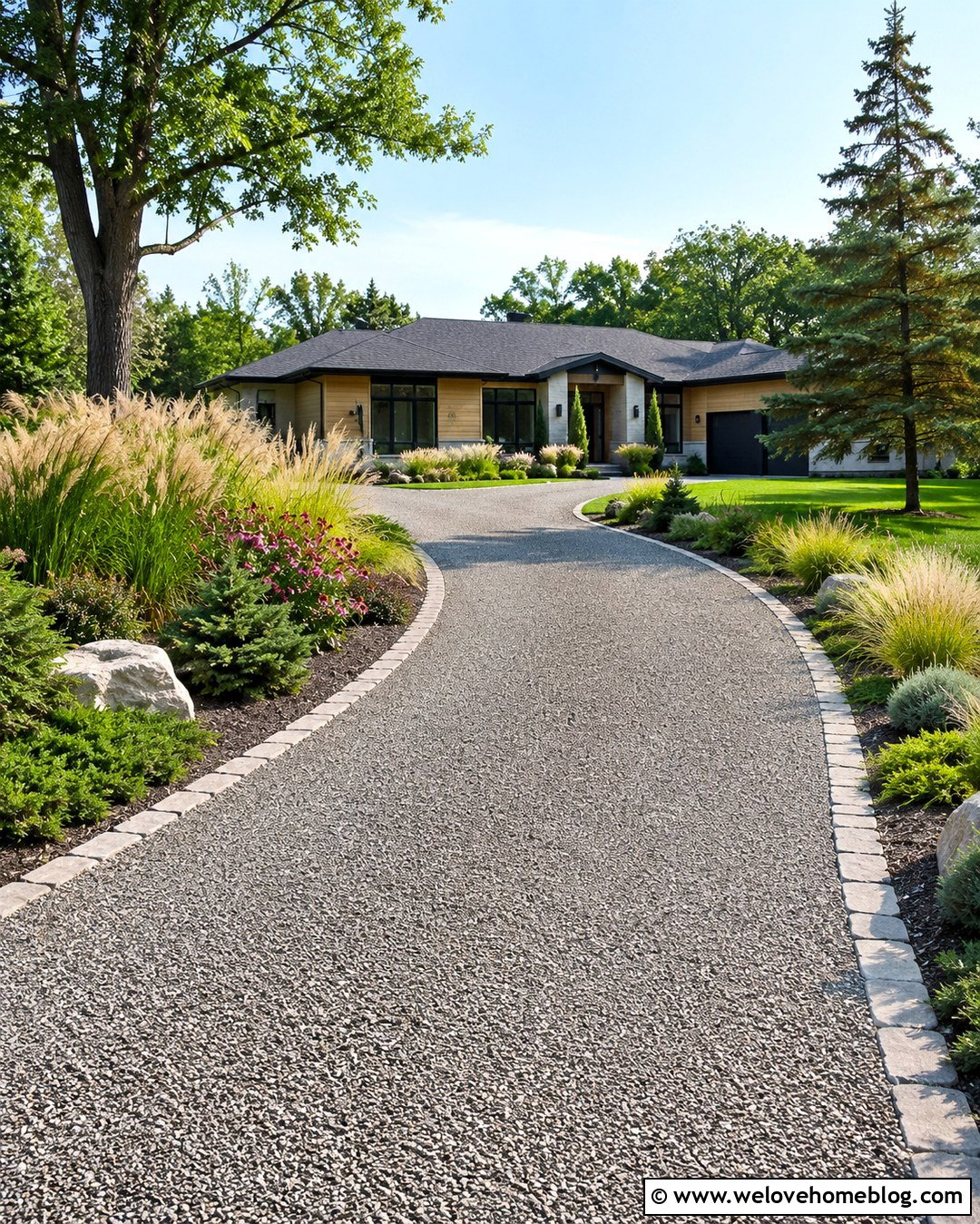 Curved Gravel Driveway Entrance With Ornamental Grasses - 20 Entrance Driveway Landscaping Ideas