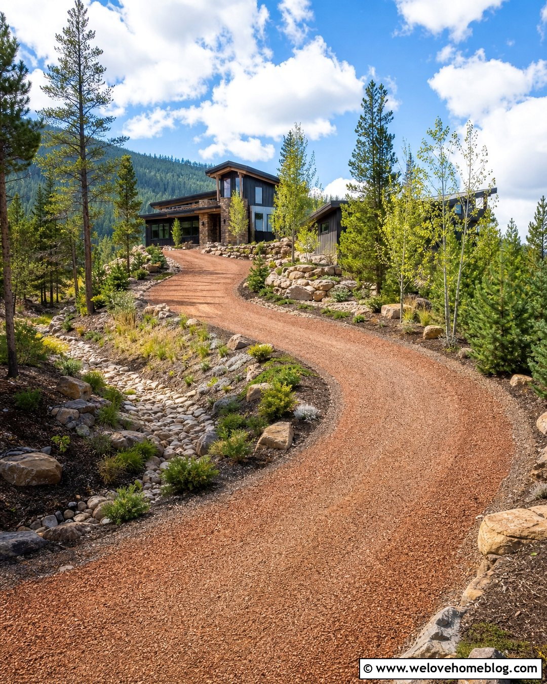 Curved Gravel Driveway With Boulder Borders - 20 Gravel Driveway On A Hill Ideas
