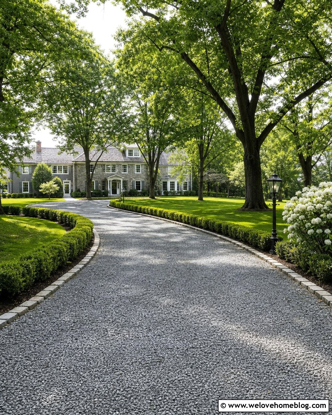 Curved Gravel Driveway With Boxwood Hedges - 25 Old Money House Driveway Ideas