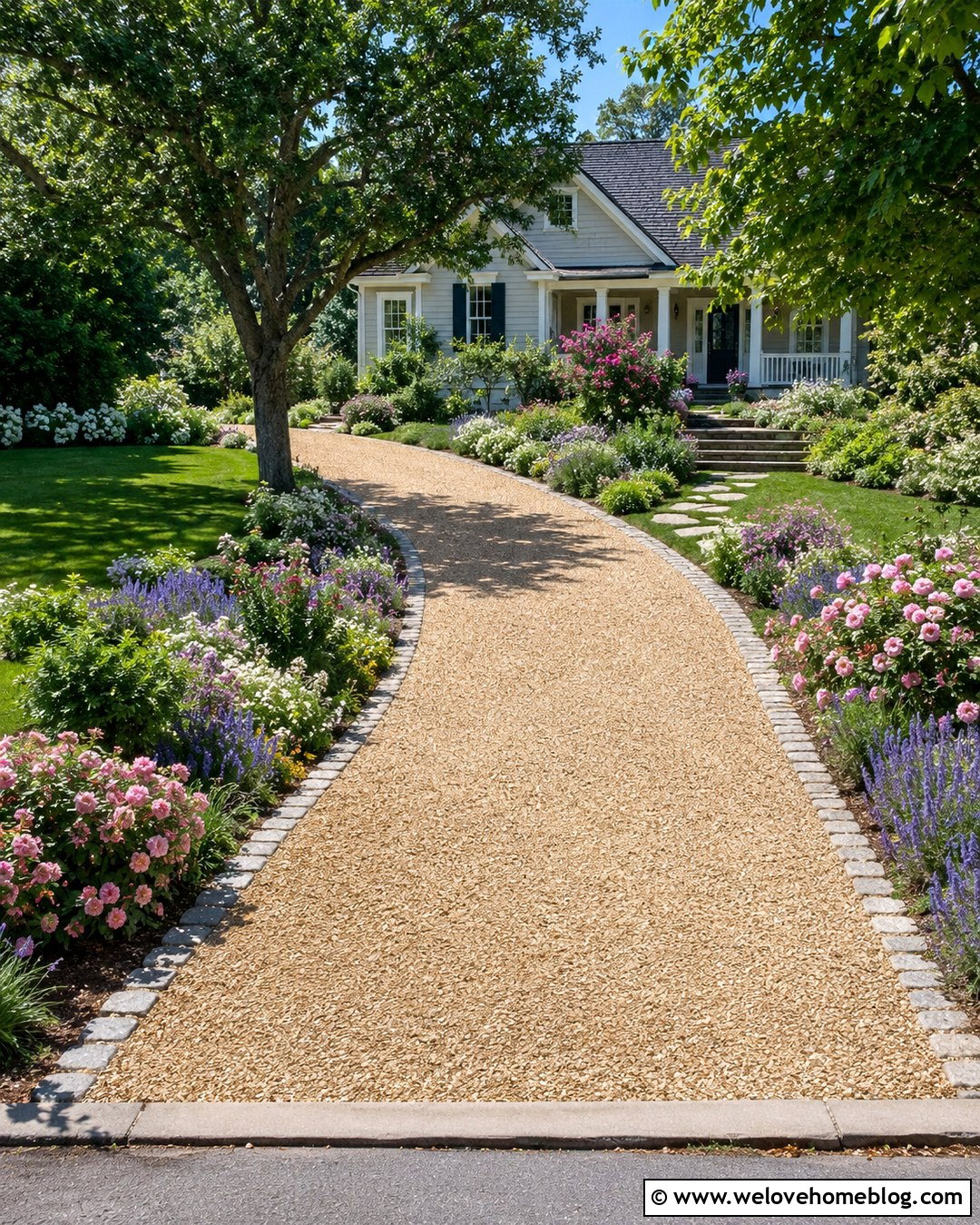 Curved Gravel Driveway With Cottage Landscaping - 20 Front Yard With Driveway Ideas