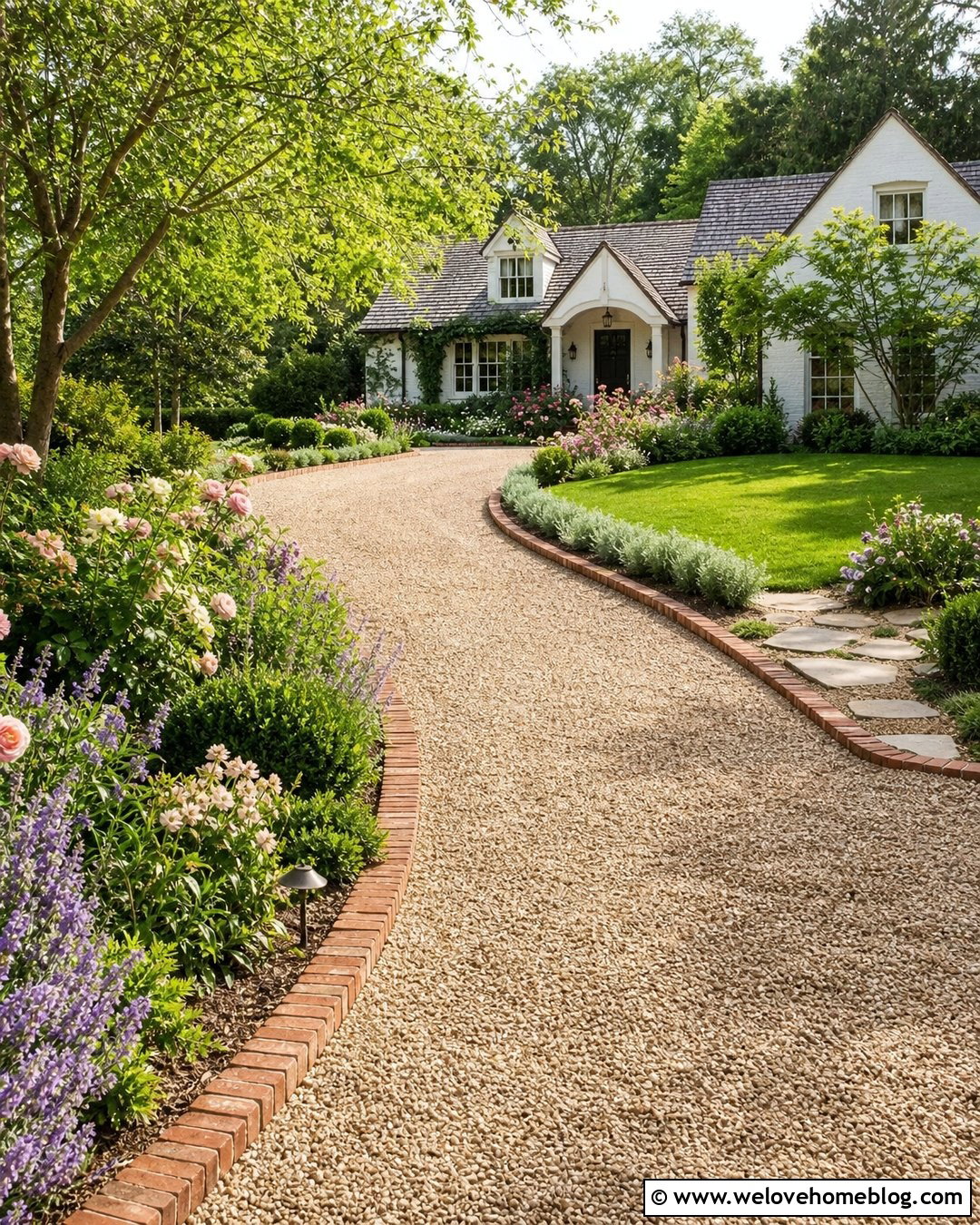 Curved Gravel Driveway With Cottage Planting - 20 Driveway Small Front Garden With Parking Ideas