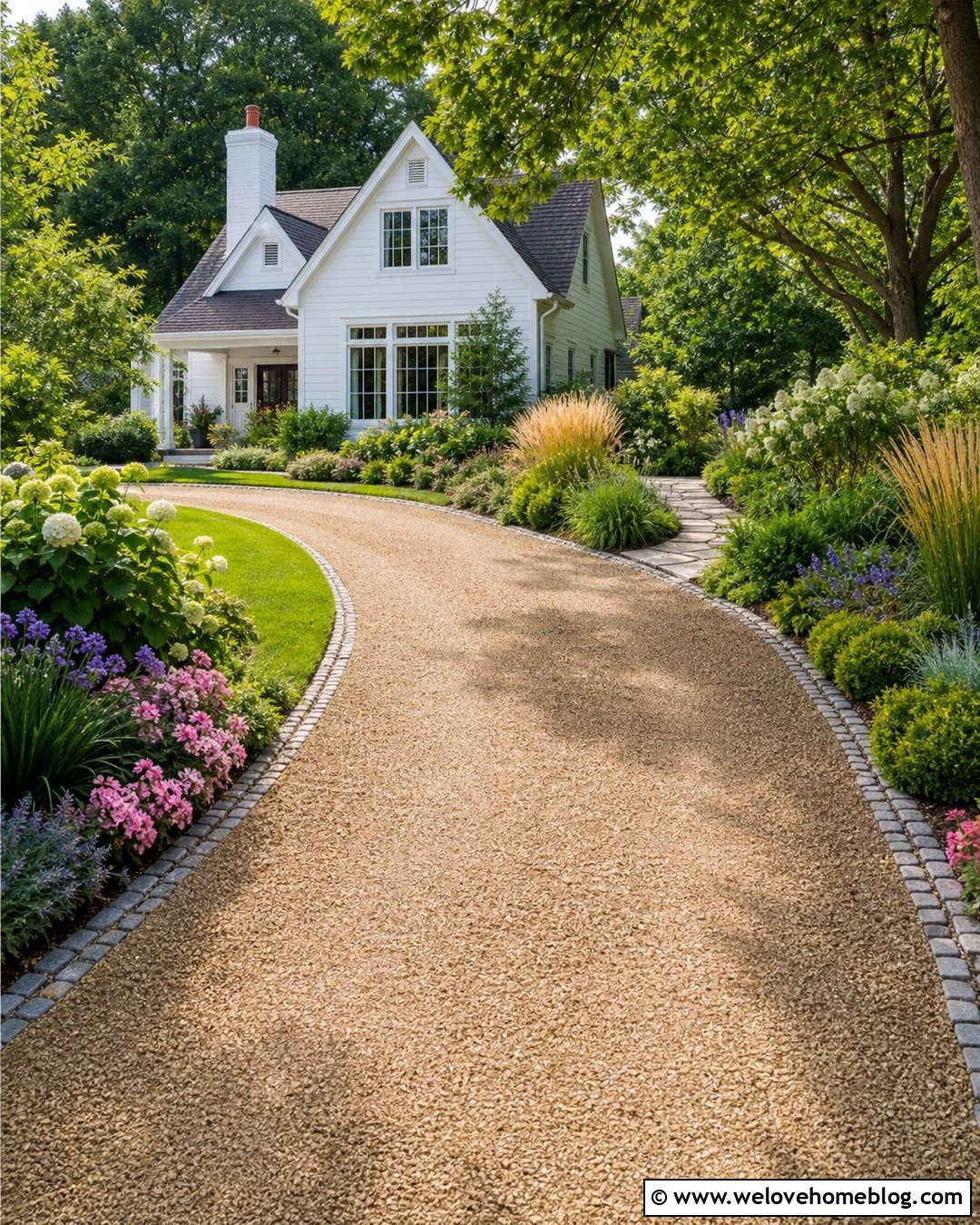 Curved Gravel Driveway With Flower Borders - 25 Landscape Driveway Ideas