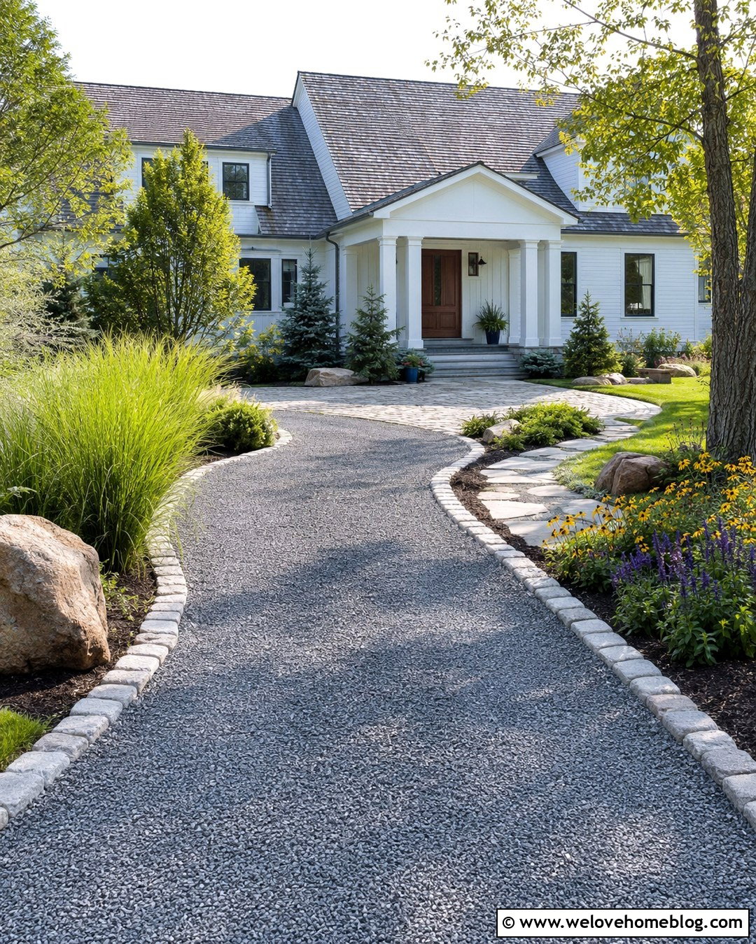 Curved Gravel Driveway With Gabled Portico - 20 Portico Driveway Entrance Ideas
