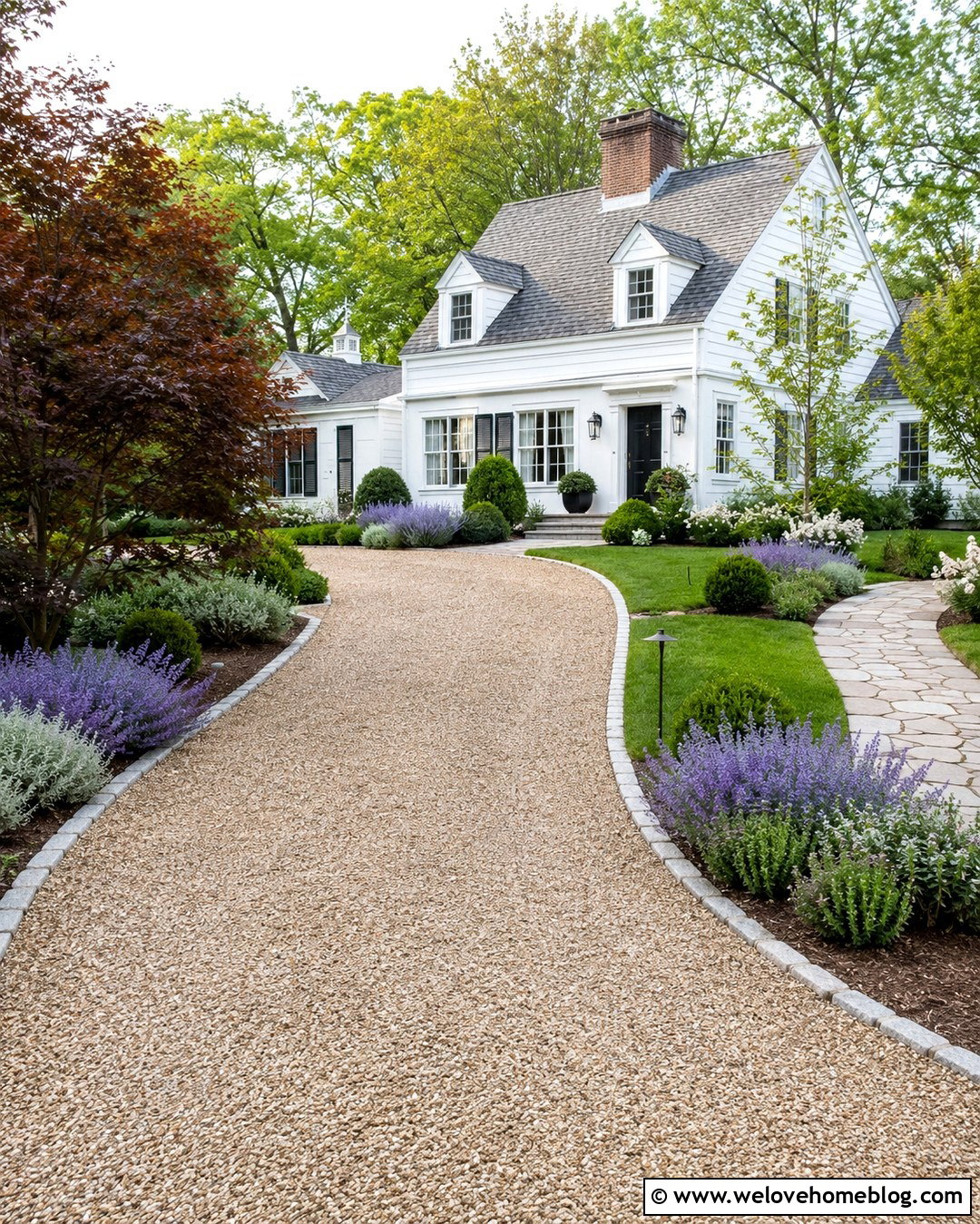 Curved Gravel Driveway With Lavender Borders - 20 Sunlit Driveway Landscaping Ideas