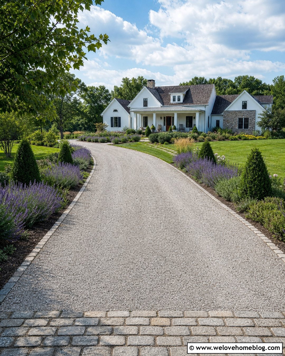 Curved Gravel Driveway With Lavender Borders - 25 Driveway Curb Appeal Ideas