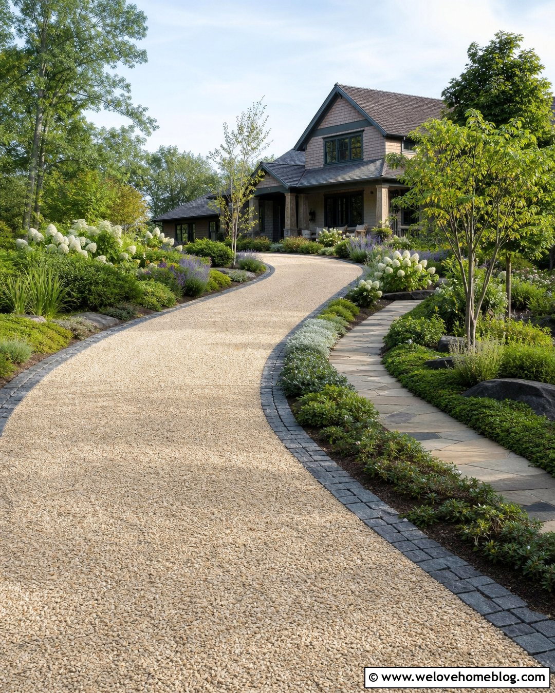 Curved Gravel Driveway With Layered Landscaping - 20 Front Garden Car Park Driveway Ideas