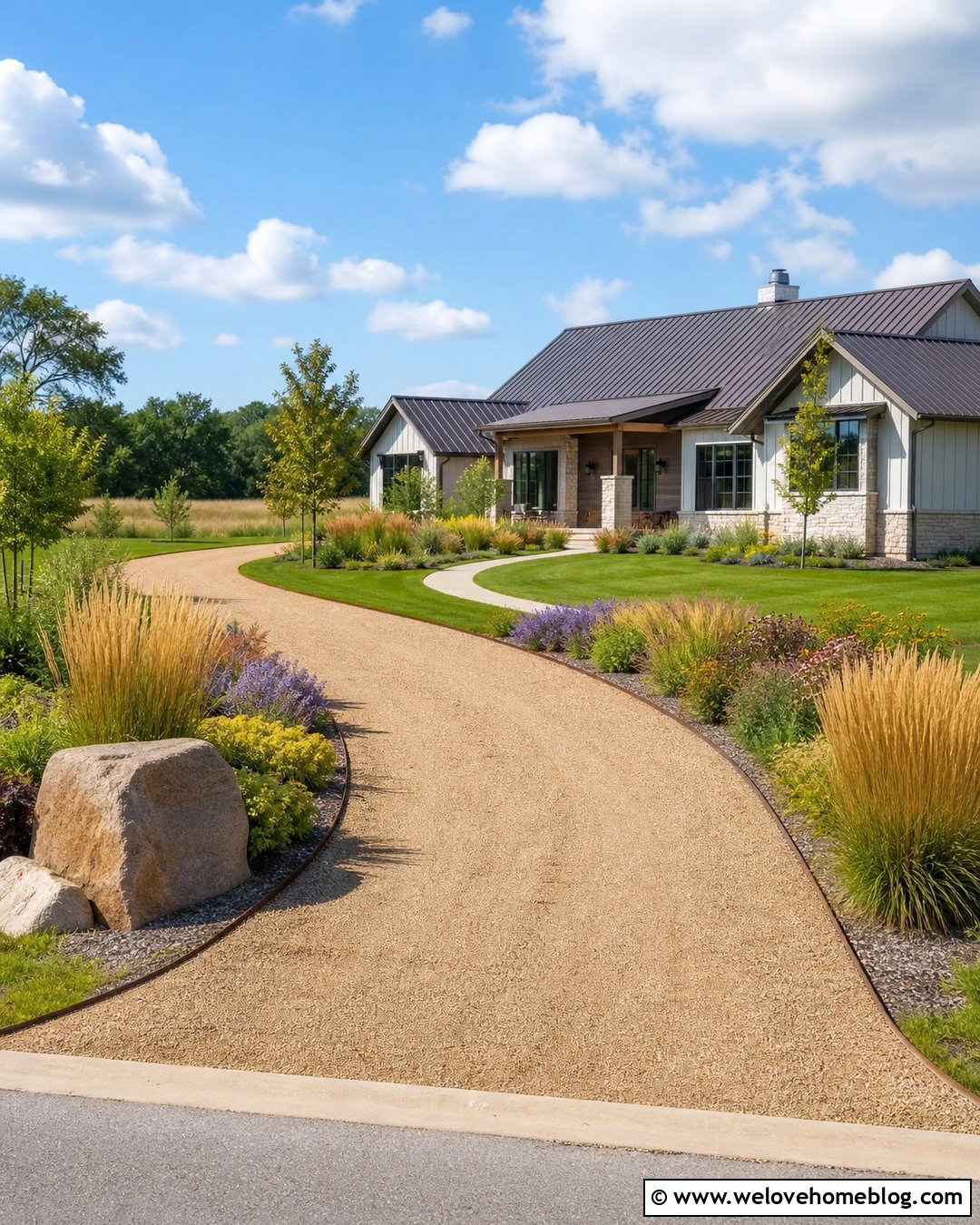 Curved Gravel Driveway With Native Grasses - 40 driveway on a budget ideas