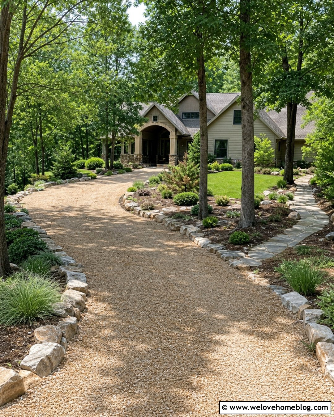 Curved Gravel Driveway With Natural Stone Edging - 20 how to make a gravel driveway look nice ideas