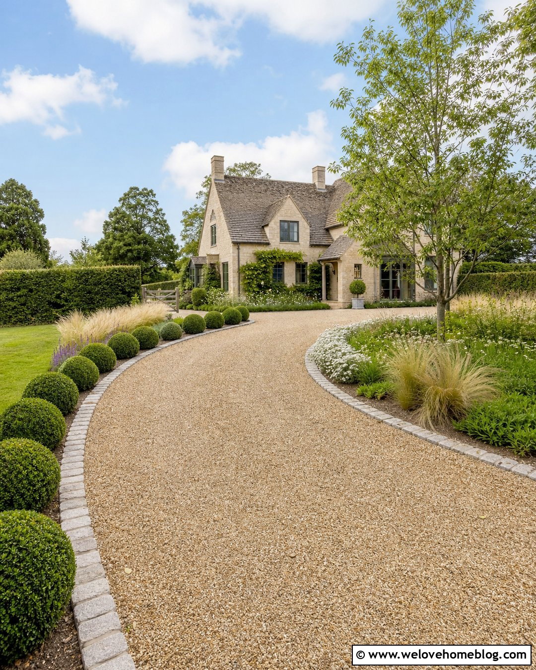 Curved Gravel Driveway With Rounded Boxwoods - 20 boxwoods along driveway ideas