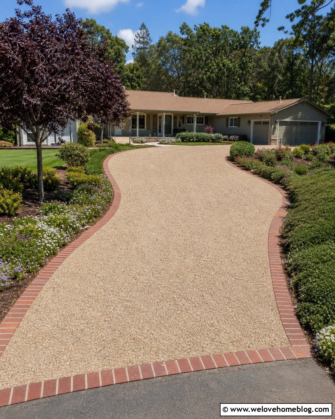 Curved Gravel Driveway With Soldier Course Brick - 20 Brick Lined Gravel Driveway Ideas