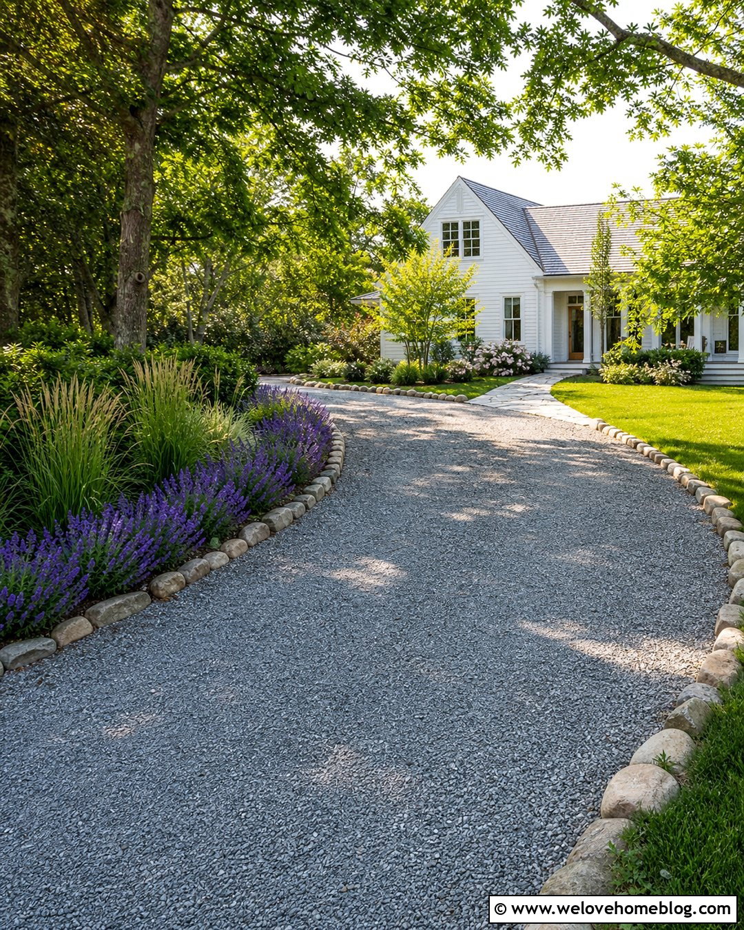 Curved Gravel Driveway With Stone Edging - 25 Front House Driveway Ideas