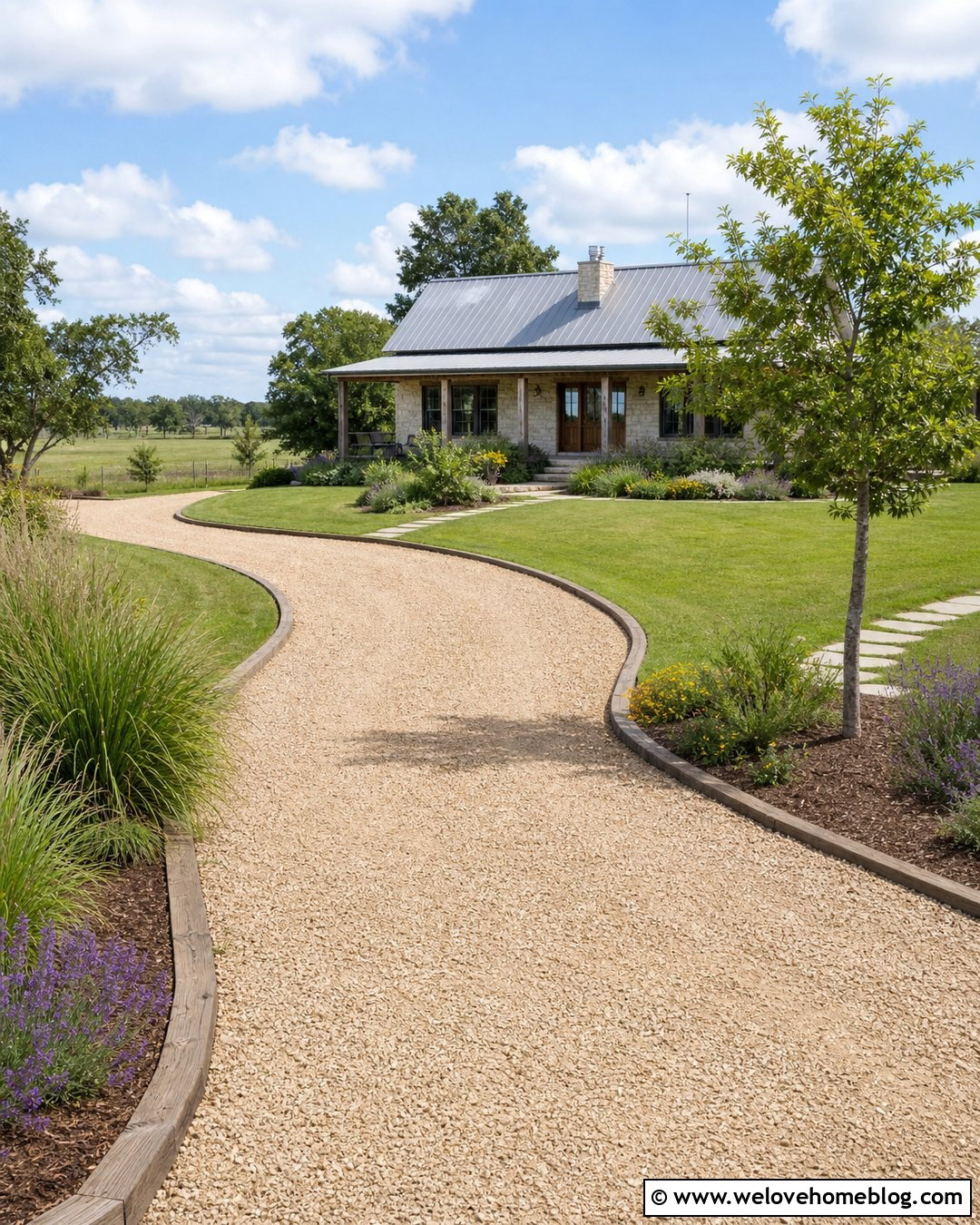Curved Gravel Driveway With Timber Edging - 25 Driveway Gravel Ideas