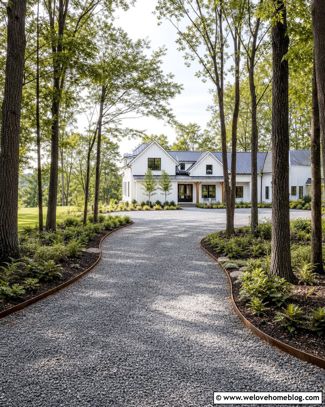 Curved Gravel Driveway With Tree Lined Borders - 50 Driveway Ideas