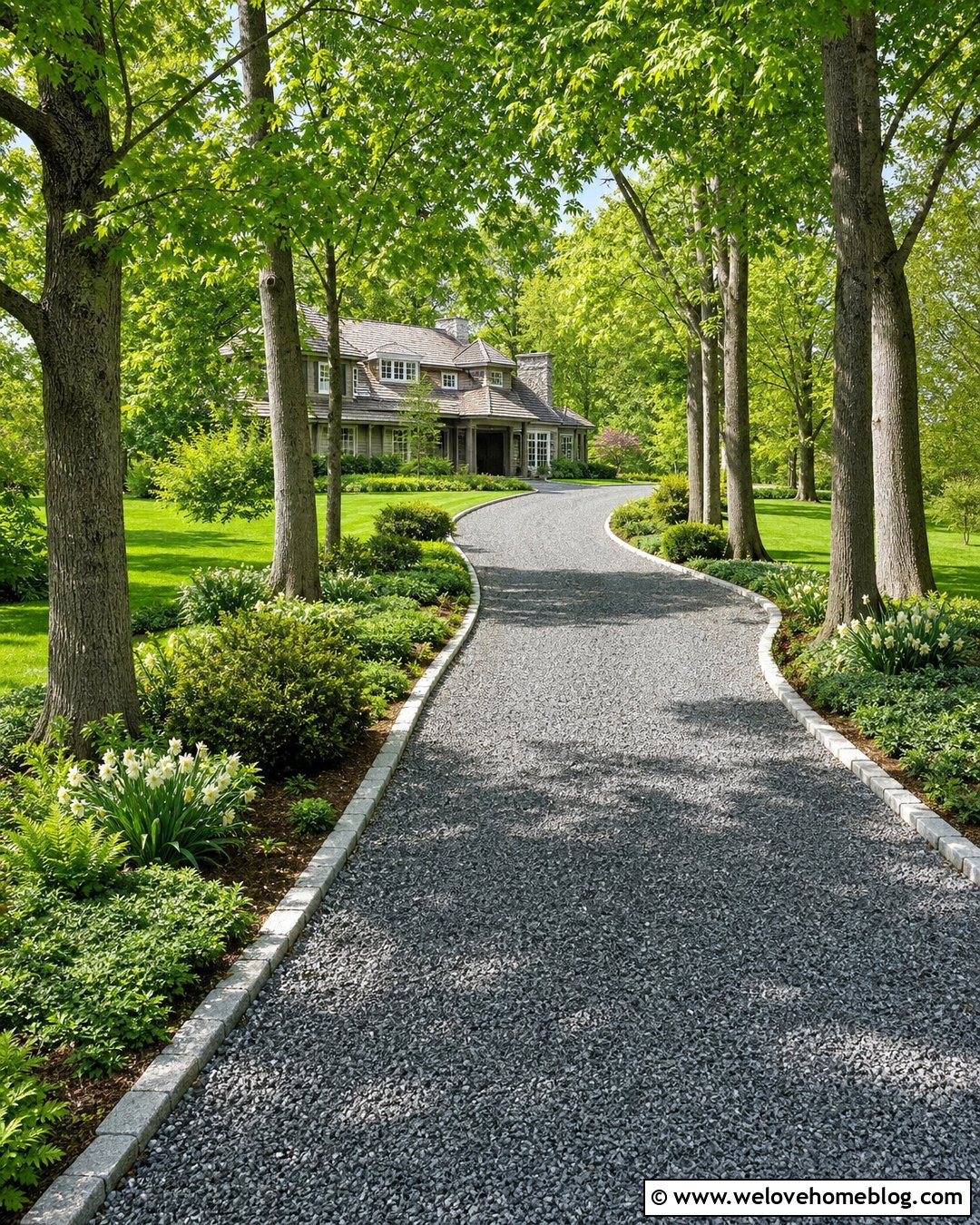 Curved Gravel Driveway With Tree Lined Garden - 20 Driveway And Garden Ideas