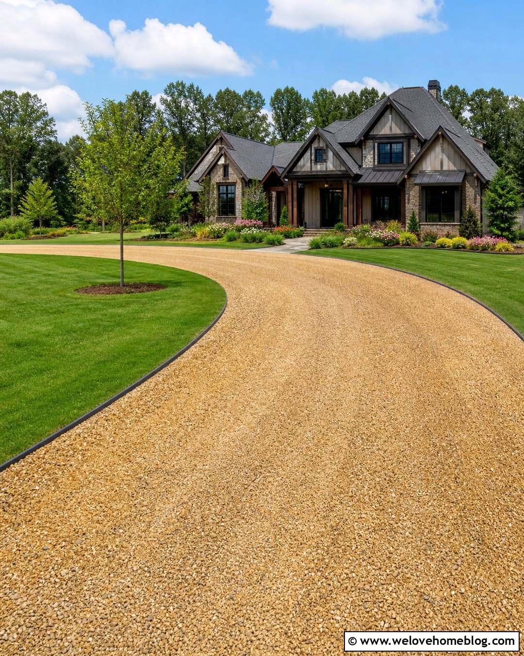 Curved Gravel Driveway With Wide Grass Borders - 20 Gravel And Grass Driveway Ideas