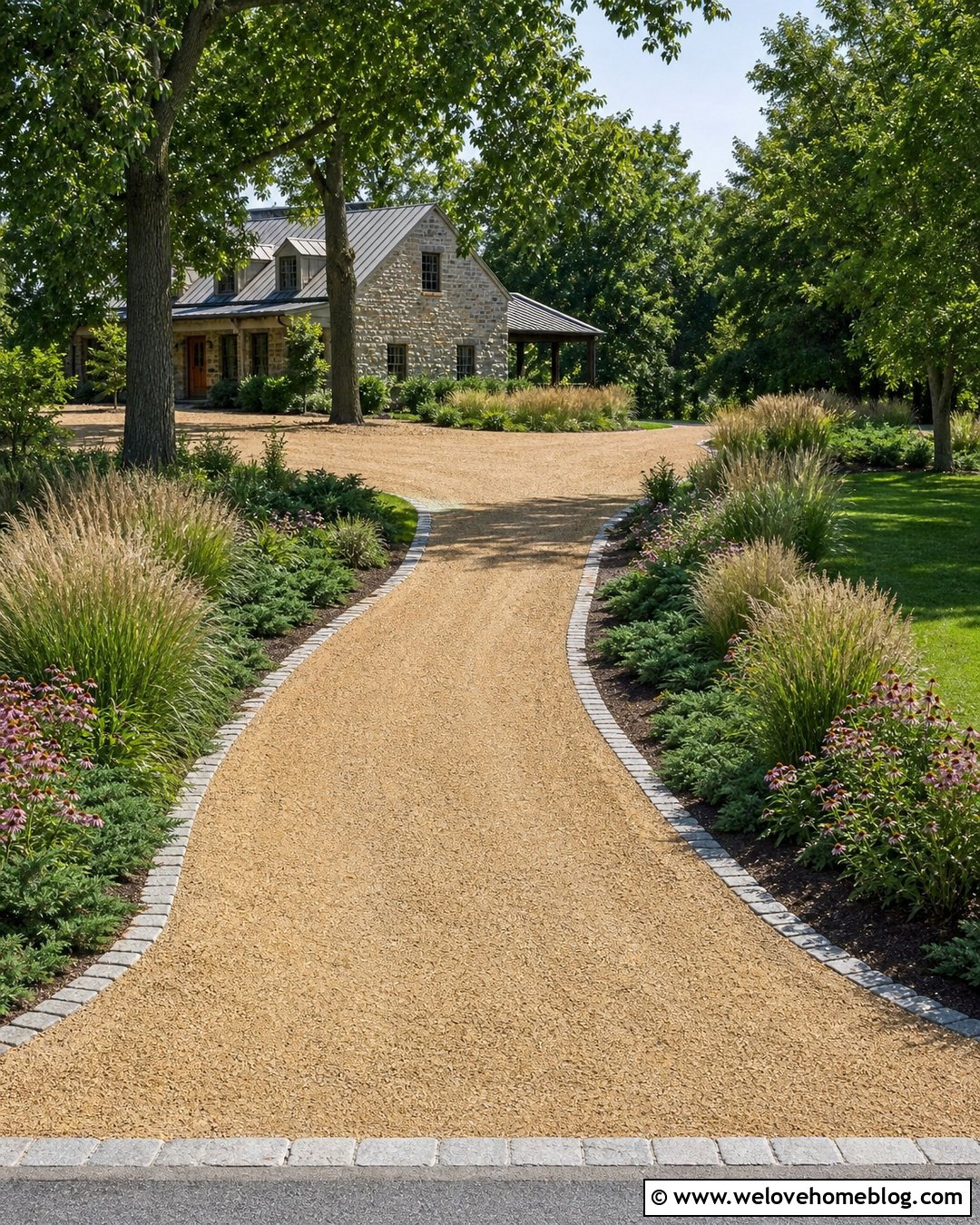 Curved Gravel Farm Driveway With Native Grasses - 35 Farm Driveway Ideas