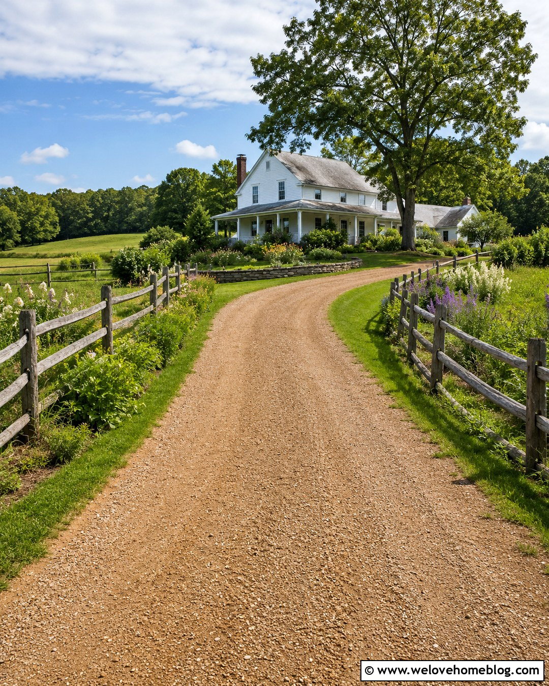 Curved Gravel Farmhouse Long Driveway With Split Rail Fence - 20 Farmhouse Long Driveway Ideas