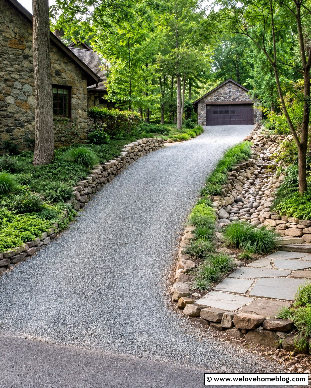 Curved Gravel Side Driveway With Stone Walls - 20 Gravel Side Driveway Ideas