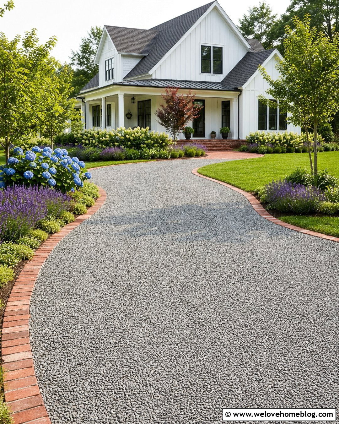 Curved Gray Gravel Driveway With Brick Edging - 20 Farmhouse Gravel Driveway Ideas
