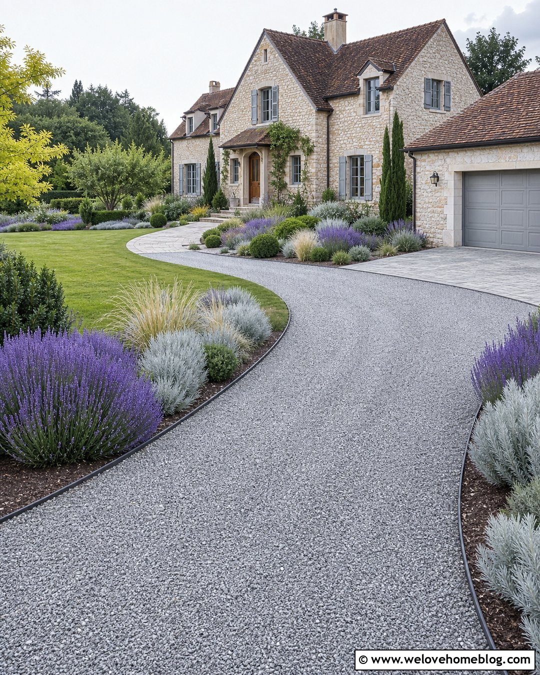 Curved Gray Gravel Driveway With Lavender Borders - 35 Beautiful Driveways Ideas