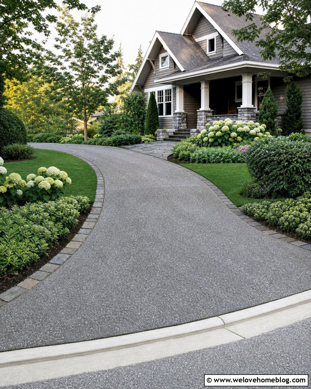 Curved Grey Aggregate Driveway With Cobblestone Edging - 20 Grey Aggregate Driveway Ideas