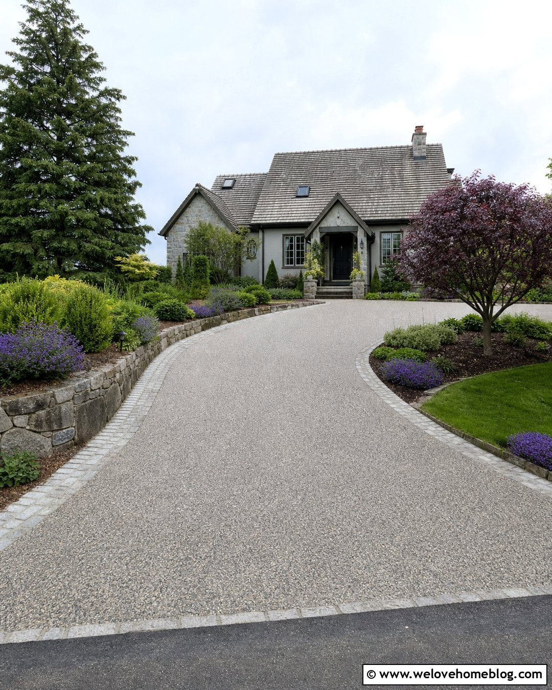 Curved Grey Exposed Aggregate Driveway With Cobblestone Edging - 20 Grey Exposed Aggregate Driveway Ideas