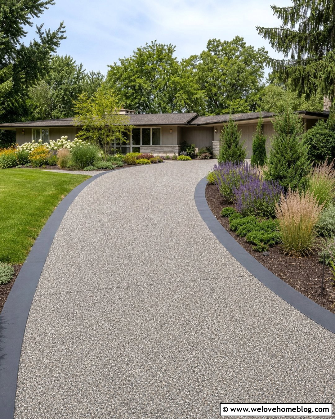 Curved Grey Exposed Aggregate Driveway - 25 Grey Driveway Ideas
