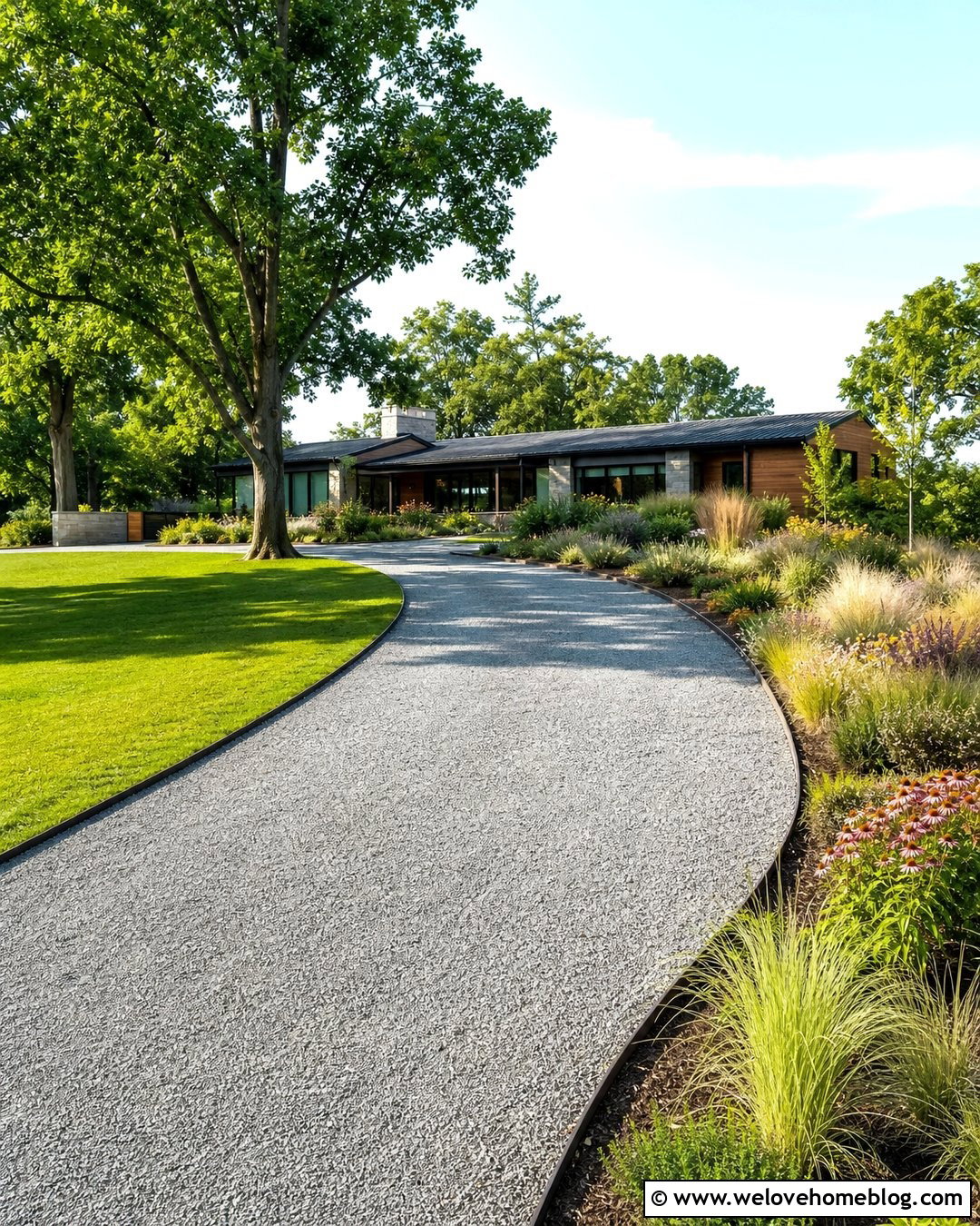Curved Grey Gravel Driveway With Native Grasses - 25 Grey Gravel Driveway Ideas