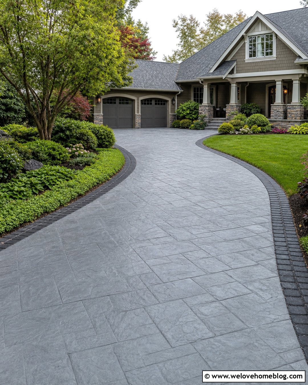 Curved Grey Slate Stamped Concrete Driveway - 20 grey stamped concrete driveway ideas